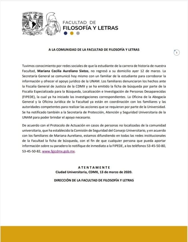 Comunicado UNAM desaparece alumna