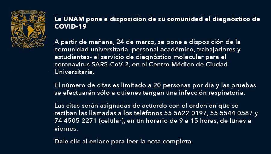 Pruebas gratis en la UNAM de covid
