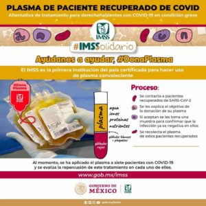 El IMSS está autorizado para usar plasma en pacientes con coronavirus