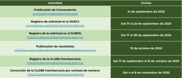 Calendario para las Becas Elisa Acuña 2020 y UNAM 