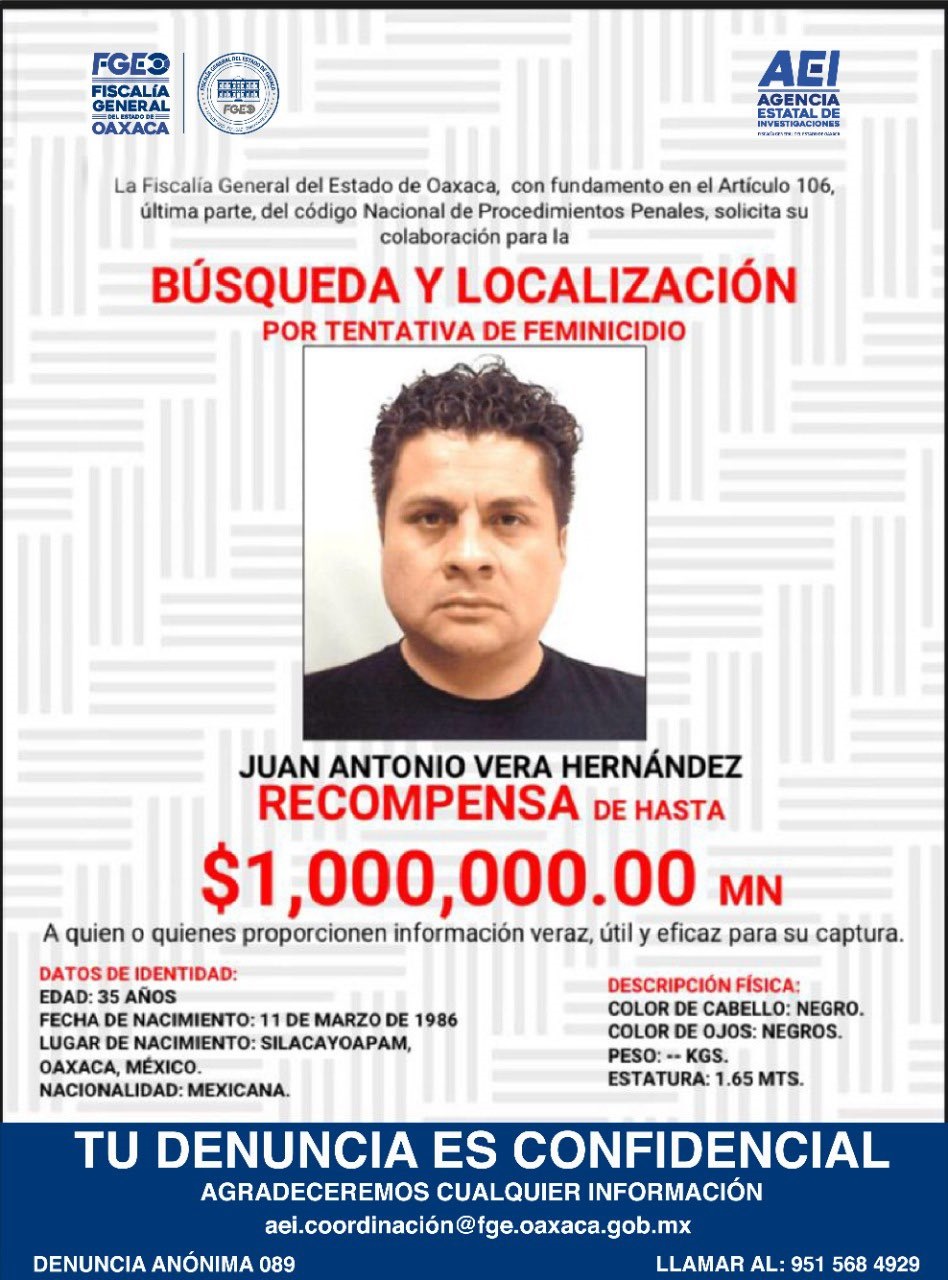 La fiscalía de Oaxaca ofrece una recompensa de un millón de pesos por uno de los implicados en el ataque contra María Elena Ríos | Foto: Twitter Elena Ríos