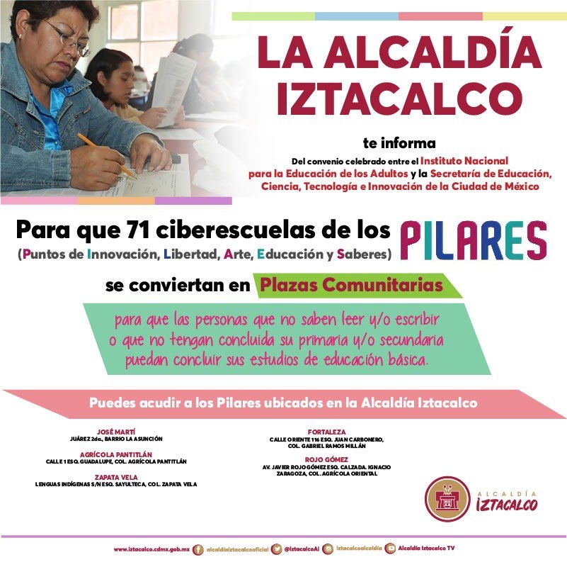 En las sedes PILARES de la alcaldía Iztacalco se podrá estudiar primaria y secundaria desde cero | Foto: Twitter alcaldía Iztacalco