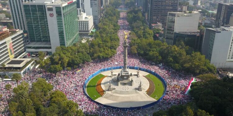 La gente iba vestida de color rosa y blanco, para asemejar los colores del INE, y llevaba pancartas con leyendas como: “El INE no se toca” Foto: Twitter